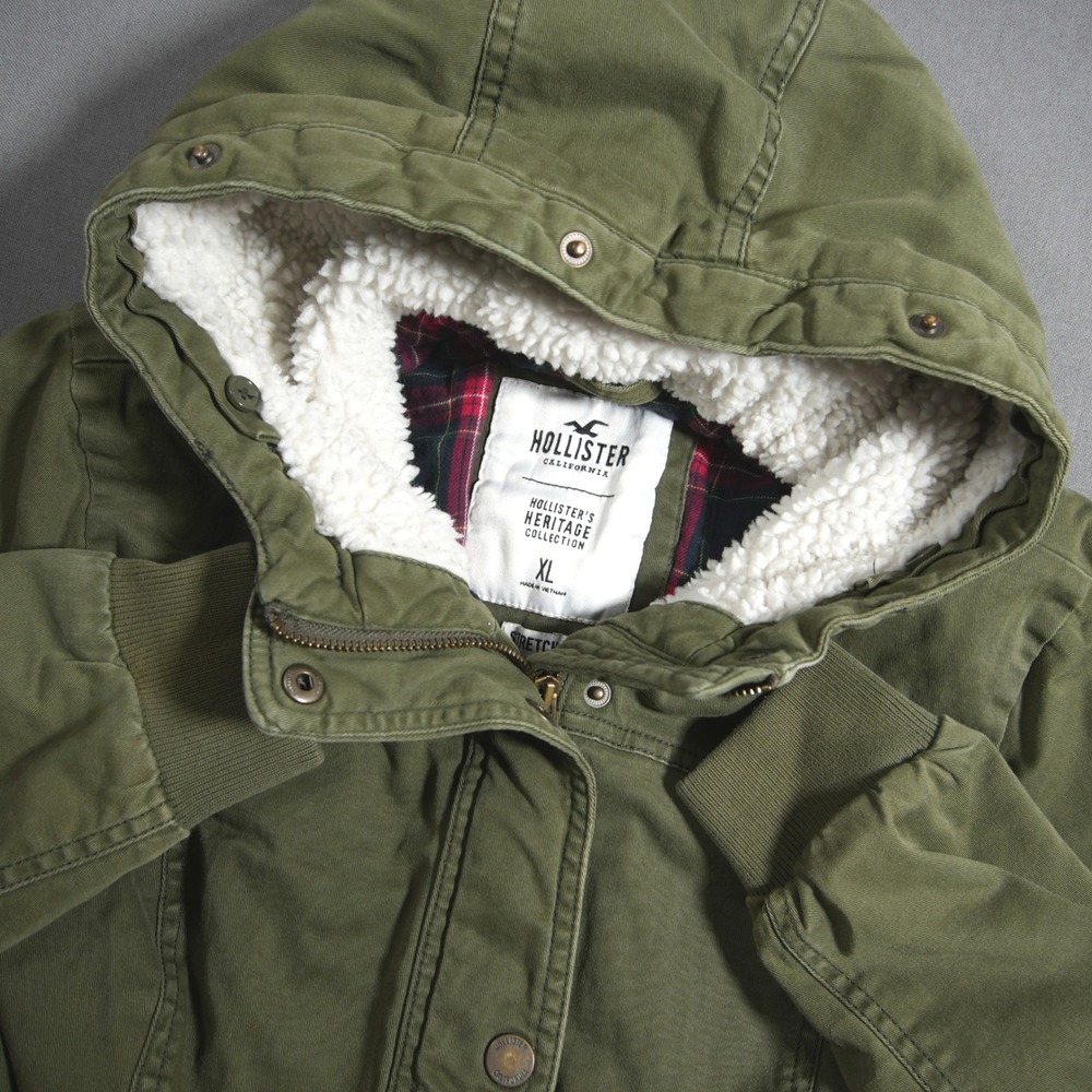 Y2K Hollister Sherpa Hooded Plaid Lined Women Jacket XL Military Field Utility